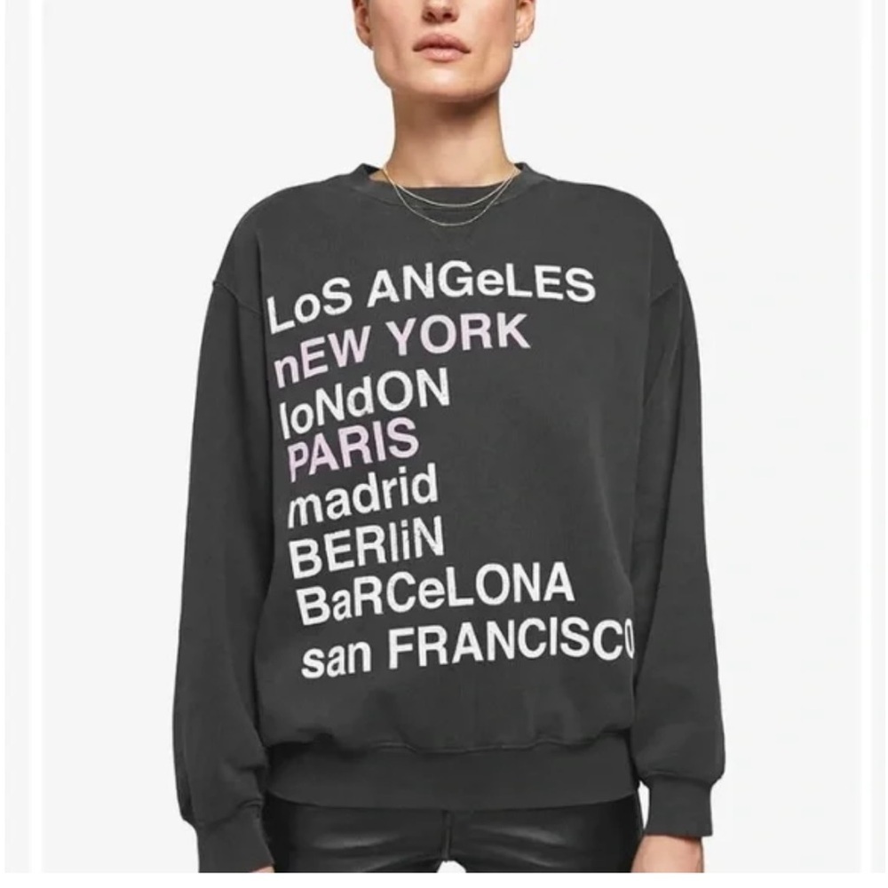 Anine Bing Black Crewneck Sweatshirt with White & Pale Pink City Text